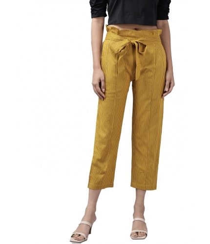 Women's Casual Printed Cotton Flex Trouser Pant (Mustard)