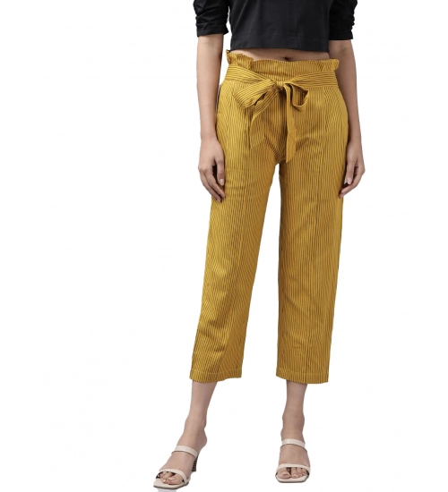 Women's Casual Printed Cotton Flex Trouser Pant (Mustard)