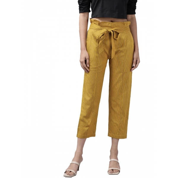 Dropship Women's Casual Printed Cotton Flex Trouser Pant (Mustard)