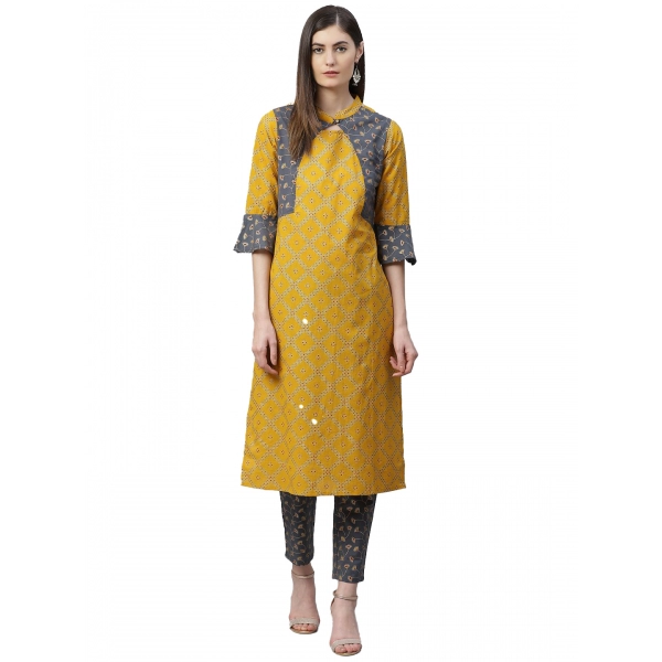 Dropship Women's Casual Bell Sleeves Geomatrical Printed Cotton Kurti Set (Yellow)