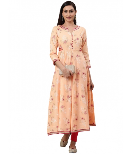 Women's Casual 3/4 th Sleeve Floral Printed Rayon Kurti (Peach)
