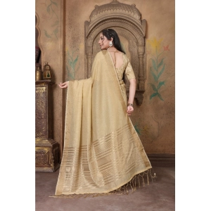 Generic Women's Soft Linen Striped Saree With Unstitched Blouse (Beige, 5-6 Mtrs)
