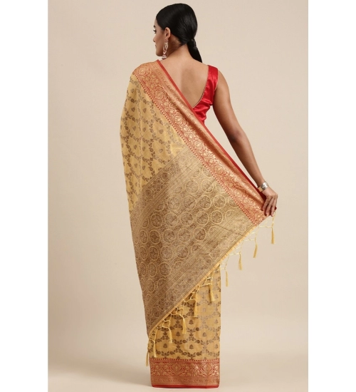Women's Chanderi Cotton Printed Saree With Unstitched Blouse (Yellow, 5-6 Mtrs)