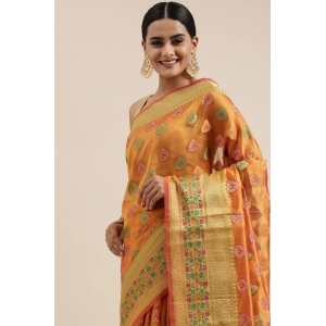 Generic Women's Organza Printed Saree With Unstitched Blouse (Mustard, 5-6 Mtrs)