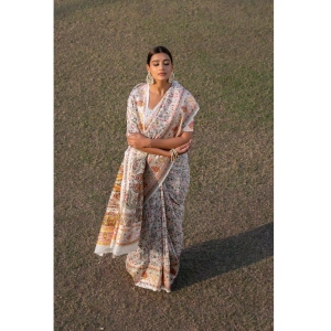 Generic Women's Linen Printed Saree With Unstitched Blouse (White, 5-6 Mtrs)