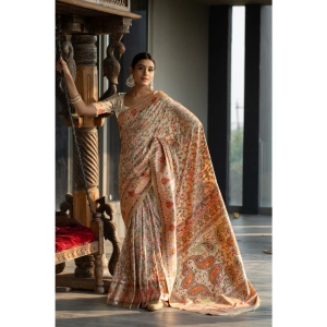 Generic Women's Linen Printed Saree With Unstitched Blouse (Beige, 5-6 Mtrs)