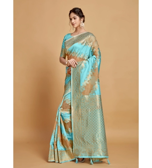 Women's Linen Printed Saree With Unstitched Blouse (Sky Blue, 5-6 Mtrs)