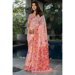Women's Cotton Printed Saree With Unstitched Blouse (Peach, 5-6 Mtrs)