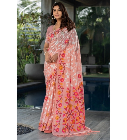 Women's Cotton Printed Saree With Unstitched Blouse (Peach, 5-6 Mtrs) Women's Cotton Printed Saree With Unstitched Blouse (Peach, 5-6 Mtrs)