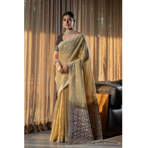 Generic Women's Mulmul Cotton Printed Saree With Unstitched Blouse (Beige, 5-6 Mtrs)