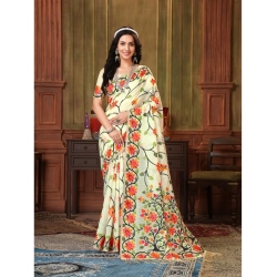 Women's Organza Printed Saree With Unstitched Blouse (White, 5-6 Mtrs)
