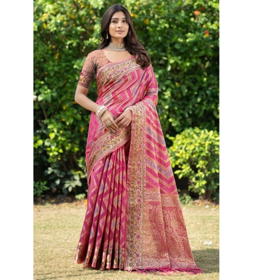 Women's Organza Printed Saree With Unstitched Blouse (Pink, 5-6 Mtrs)