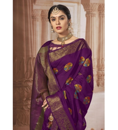 Women's Chanderi Cotton Printed Saree With Unstitched Blouse (Purple, 5-6 Mtrs)