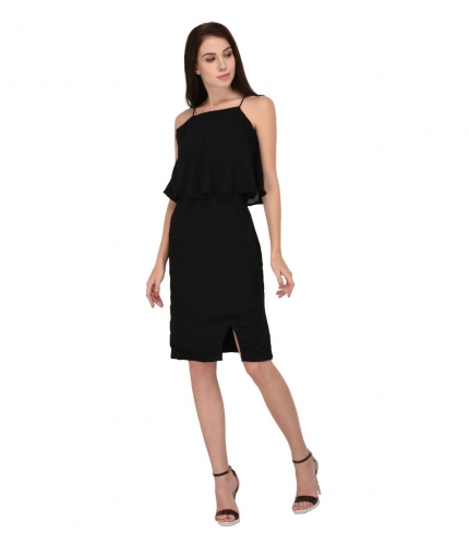 Women's Cotton Blend Solid Sleeveless Dress (Black)