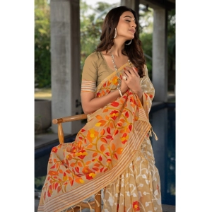 Generic Women's Cotton Printed Saree With Unstitched Blouse (Beige, 5-6 Mtrs)
