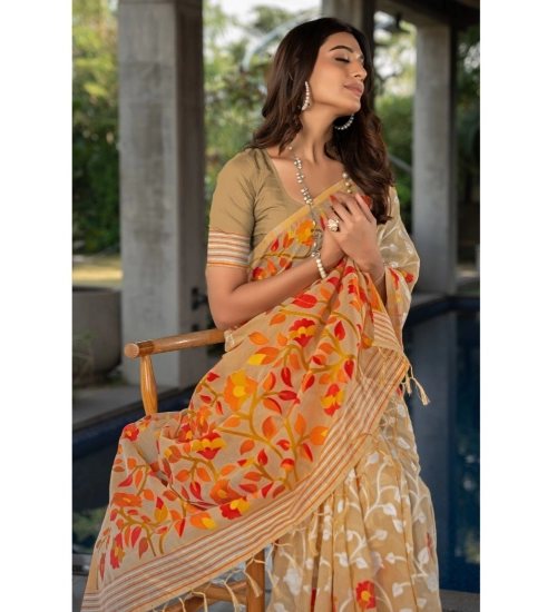 Women's Cotton Printed Saree With Unstitched Blouse (Beige, 5-6 Mtrs)