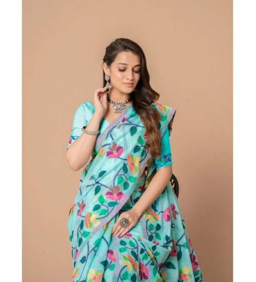Women's Cotton Printed Saree With Unstitched Blouse (Sky Blue, 5-6 Mtrs)