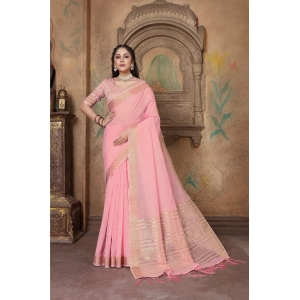 Generic Women's Soft Linen Striped Saree With Unstitched Blouse (PInk, 5-6 Mtrs)