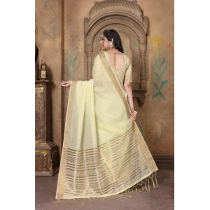 Generic Women's Soft Linen Striped Saree With Unstitched Blouse (Off-White, 5-6 Mtrs)