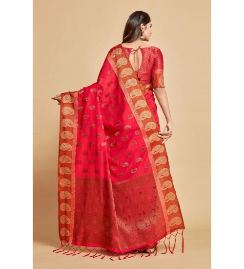 Women's Chanderi Cotton Printed Saree With Unstitched Blouse (Pink, 5-6 Mtrs)