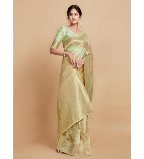 Women's Linen Printed Saree With Unstitched Blouse (Pista, 5-6 Mtrs)