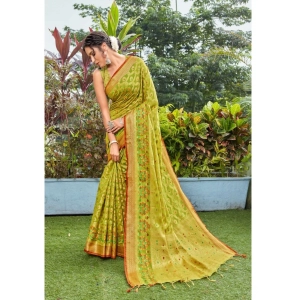 Generic Women's Organza Printed Saree With Unstitched Blouse (Olive, 5-6 Mtrs)