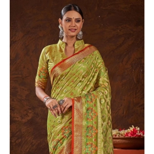 Generic Women's Organza Printed Saree With Unstitched Blouse (Parrot Green, 5-6 Mtrs)