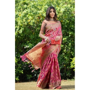 Generic Women's Organza Printed Saree With Unstitched Blouse (Pink, 5-6 Mtrs)