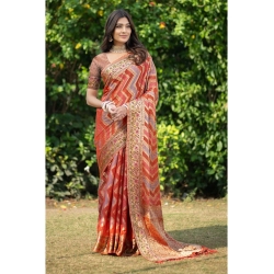 Women's Organza Printed Saree With Unstitched Blouse (Orange, 5-6 Mtrs)