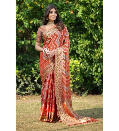 Women's Organza Printed Saree With Unstitched Blouse (Orange, 5-6 Mtrs)