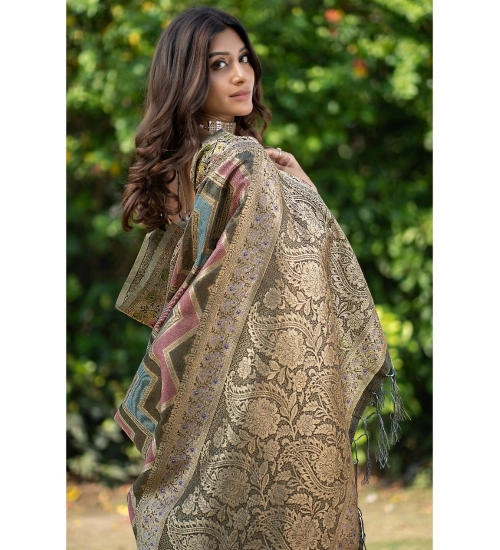 Women's Organza Printed Saree With Unstitched Blouse (Grey, 5-6 Mtrs)
