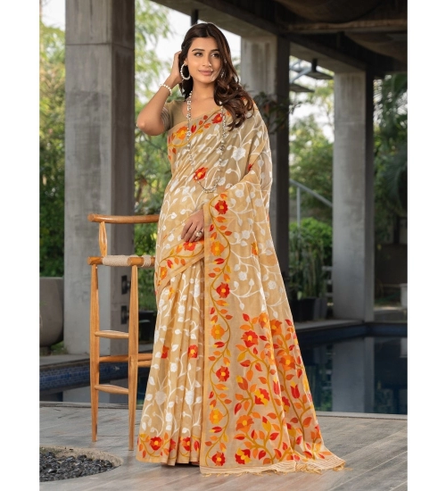 Women's Cotton Printed Saree With Unstitched Blouse (Beige, 5-6 Mtrs)