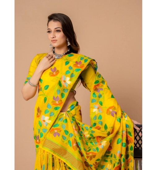 Women's Cotton Printed Saree With Unstitched Blouse (Yellow, 5-6 Mtrs)