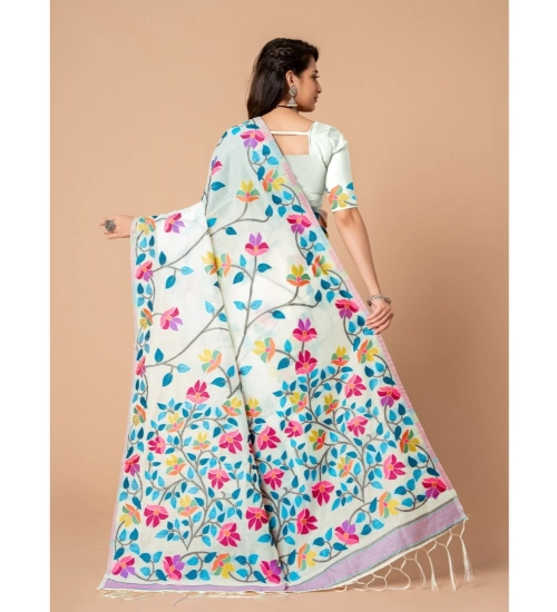 Women's Cotton Printed Saree With Unstitched Blouse (White, 5-6 Mtrs)