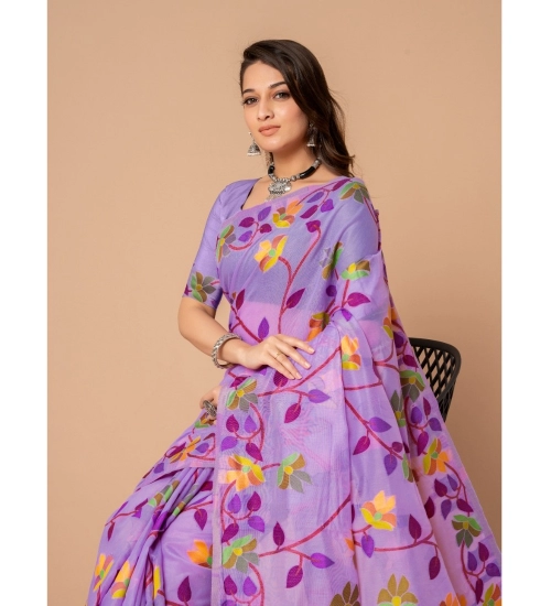 Women's Cotton Printed Saree With Unstitched Blouse (Lavender, 5-6 Mtrs)