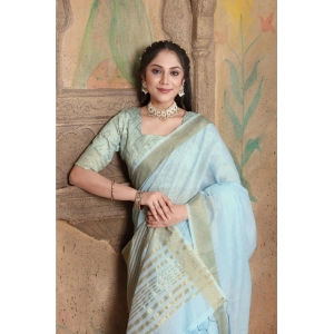 Generic Women's Soft Linen Striped Saree With Unstitched Blouse (Sky Blue, 5-6 Mtrs)