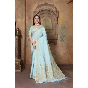 Generic Women's Soft Linen Striped Saree With Unstitched Blouse (Sky Blue, 5-6 Mtrs)