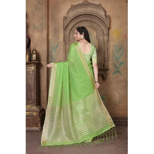 Generic Women's Soft Linen Striped Saree With Unstitched Blouse (Green, 5-6 Mtrs)