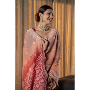 Generic Women's Mulmul Cotton Printed Saree With Unstitched Blouse (Peach, 5-6 Mtrs)