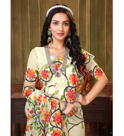 Women's Organza Printed Saree With Unstitched Blouse (White, 5-6 Mtrs)