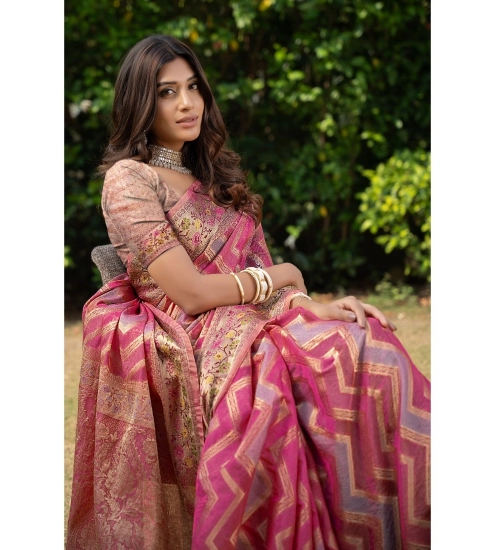 Women's Organza Printed Saree With Unstitched Blouse (Pink, 5-6 Mtrs)