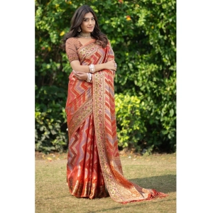 Generic Women's Organza Printed Saree With Unstitched Blouse (Orange, 5-6 Mtrs)