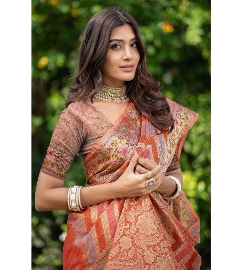 Women's Organza Printed Saree With Unstitched Blouse (Orange, 5-6 Mtrs)