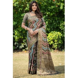 Women's Organza Printed Saree With Unstitched Blouse (Grey, 5-6 Mtrs)