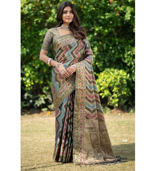 Women's Organza Printed Saree With Unstitched Blouse (Grey, 5-6 Mtrs)