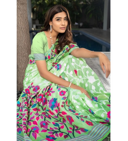 Women's Cotton Printed Saree With Unstitched Blouse (Green, 5-6 Mtrs)