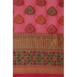 Generic Women's Organza Printed Saree With Unstitched Blouse (Red, 5-6 Mtrs)