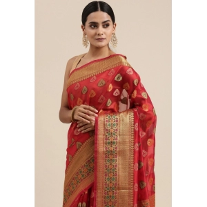Generic Women's Organza Printed Saree With Unstitched Blouse (Red, 5-6 Mtrs)