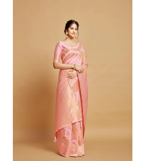 Women's Linen Printed Saree With Unstitched Blouse (Pink, 5-6 Mtrs)