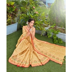 Women's Organza Printed Saree With Unstitched Blouse (Beige, 5-6 Mtrs)